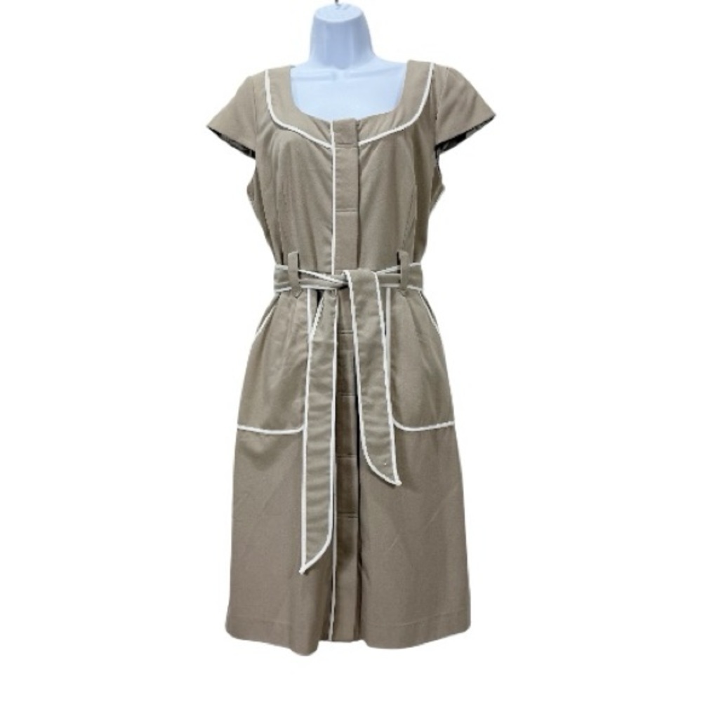 Sandra Darren Taupe Belted Sheath Dress Size 12 | Contrast Trim Office Dress